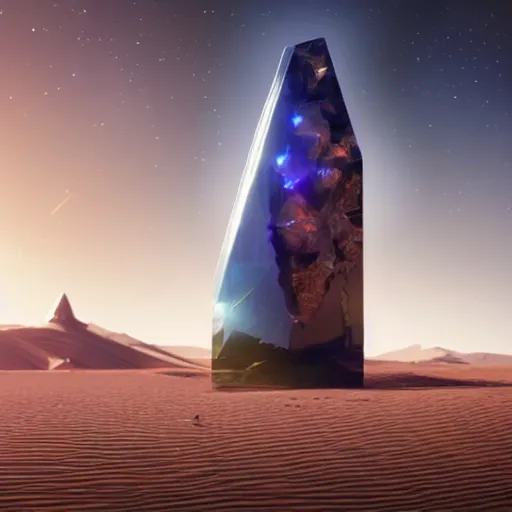 Prompt: huge angular vertical complex translucent crystal in the desert, reflection from the crystal is sparkling due to sun, small retro starship is near, futuristic hi-tech details, art by anthony macbain + greg rutkowski + alphonse mucha, concept art, 4k, sharp focus, cinematic render unreal engine