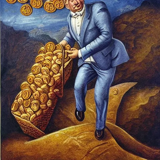 Prompt: Benjamin Netanyahu depicted as Sisyphus, carrying sacks of money up a mountain in hell, by Michael Cheval