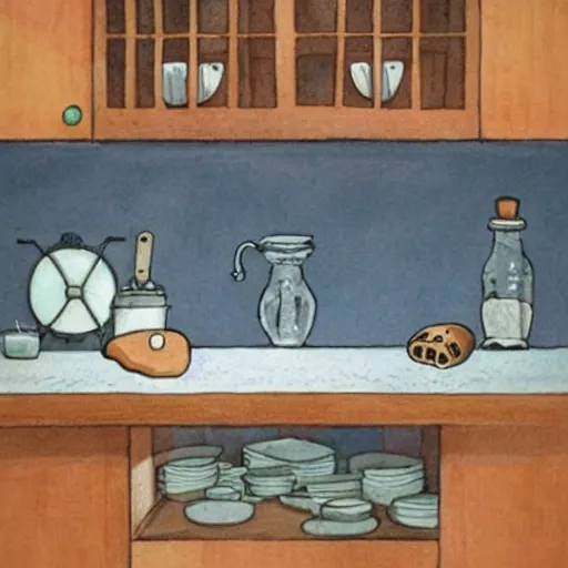 Prompt: a kitchen counter with a dough and a sourdough glass on it, Ghibli detailed art, beautiful