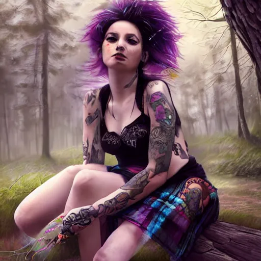 Image similar to portrait, beautiful punk rocker girl, with tattoos and piercings, sits in a mystical misty forest, reading under a tree, fireflies and fairies, fishnets, skirt, dramatic lighting, cinematic, establishing shot, extremly high detail, foto realistic, cinematic lighting, post processed, concept art, artstation, matte painting, style by eddie mendoza, raphael lacoste, alex ross