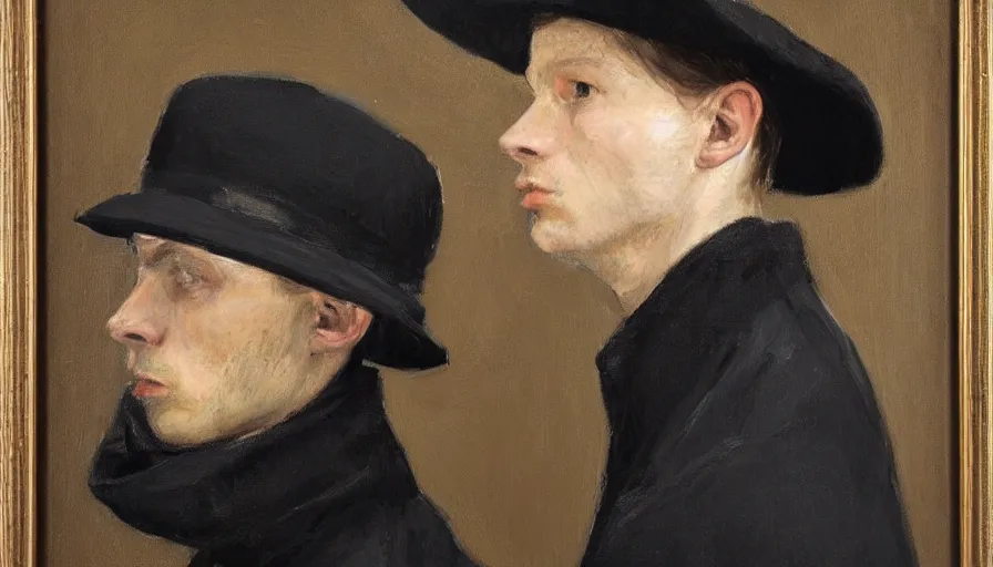 Image similar to painting by borremans, man agent in a black coat and black hat, detailed, stunning