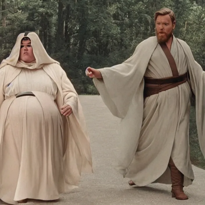 Prompt: obi wan kenobi but obese!! and overweight dressed as as princess leia, photoralistic rendering, movie still, screenshot, hyperdetailed