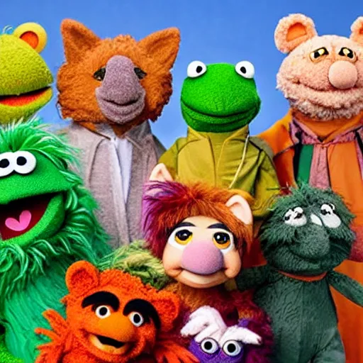 Image similar to a chibi fox muppet druid character wearing a hooded cloak holding a small muppet manatee in one arm and a muppet dinosaur cat in the other arm with a small herd of random muppet animals following behind, sesame street, photograph, photography, ultrarealistic, national geographic