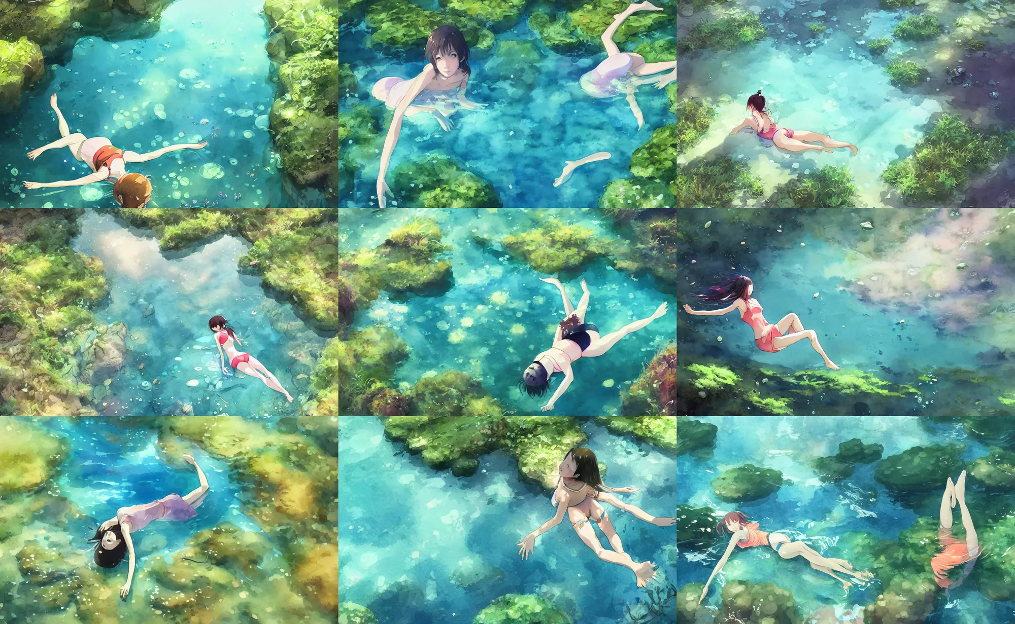 Prompt: girl floating on her back in crystal clear water wearing everyday clothes, rocks, gravel, underwater plants, moss, digital art, illustration, fun vibrant watercolor, wenjun lin, makoto shinkai, studio ghibli, hidari, pixiv, high angle, sunny lighting, shadows from trees, faceless, reflections, refractions