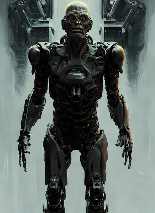 Image similar to willem dafoe as victor stone, full body concept, cyborg, borg, strogg, face of a man, terminator, flesh, quake strogg, doom demon, wolfenstein, monstrous, powerful, symmetry, symmetrical, concept art by ruan jia and greg rutkowski