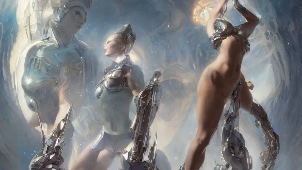 Prompt: modern elegant female cyborg greek goddess, space opera, feminine, powerful, beautiful, upper body, muscular, armour, highly detailed, digital painting, platinum, ghibli animated film, volumetric lighting, octane render artstation, concept art, smooth, sharp focus, illustration, by gaston bussiere, mucha, gerome, craig mullins, greg rutkowski, john singer sargent