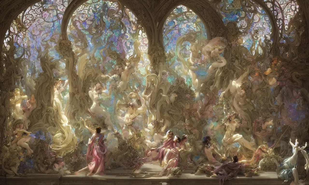 Prompt: a luminous springtime fairytale of an iridescent magical dragon playing the harp in the romantic courtyard of a baroque white marble cathedral with stained glass windows. Neon light, masterpiece 4k digital illustration by Ruan Jia and Mandy Jurgens and William-Adolphe Bouguereau, award winning, Artstation, Gustave Dore' background, intricate details, realistic, panoramic view, volumetric lighting, Hyperdetailed, 8k resolution, golden hour, rendered in Unreal Engine 3