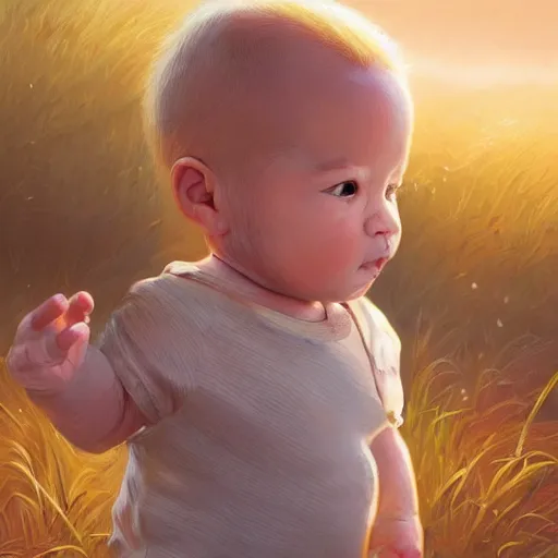 Image similar to clear portrait of human babies, adorable appearance!!!, golden hour, happy apearance, cottagecore!!, background hyper detailed, character concept, full body, dynamic pose, intricate, elegant, highly detailed, digital painting, artstation, concept art, smooth, sharp focus, illustration, art by artgerm and greg rutkowski and alphonse mucha