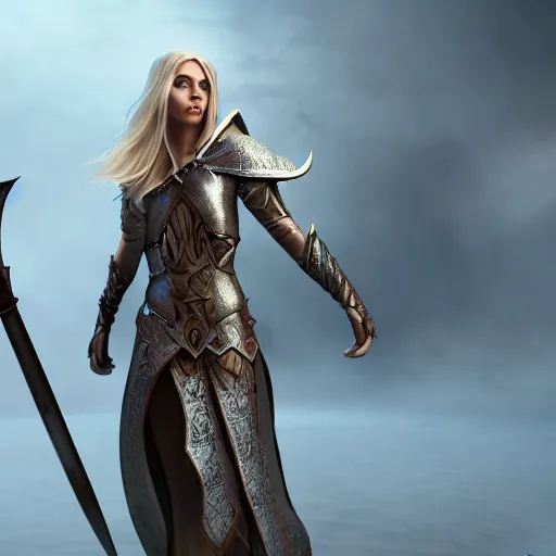 Image similar to full - body shot, cinematic movie image, beautiful hot elven female mage with a shield and a sword, ultra - hd, hcl, 1 2 - bit, ar, volumetric lighting, screen space global illumination, opaque, optics, lumen reflections, vfx, insanely detailed and intricate