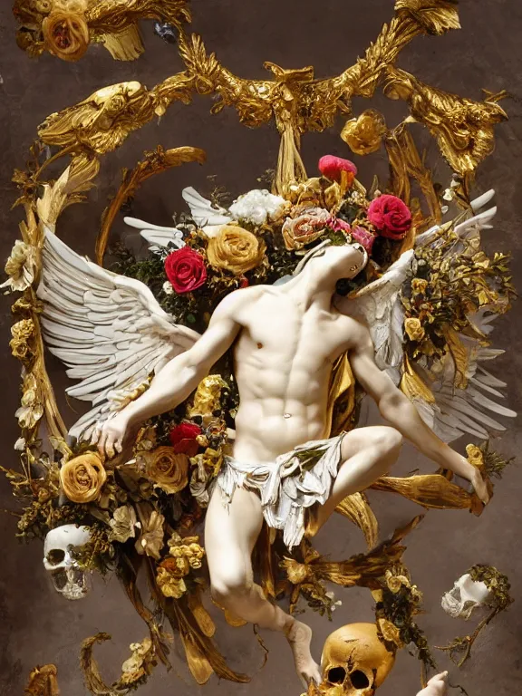 Prompt: a falling icarus with wings in the form of a Greek sculpture with a mask in the form of golden elk skull and wreath of flowers, roses in hands, dressed in a flower dress, lie on a golden stone, silk, fabric, birds, flowers. baroque elements, human skull. full-length view. baroque element. intricate artwork by caravaggio. many many birds birds on background. Trending on artstation. halo. octane render, cinematic, hyper realism, octane render, 8k, depth of field, bokeh. iridescent accents. vibrant. teal and gold and red colour scheme