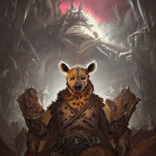 Prompt: Hyena, Anthropomorphized, as warlord general on skull throne, magic the gathering artwork, D&D, fantasy, cinematic lighting, centered, symmetrical, highly detailed, digital painting, artstation, concept art, smooth, sharp focus, illustration, volumetric lighting, epic Composition, 8k, art by Akihiko Yoshida and Greg Rutkowski and Craig Mullins, heroic pose, oil painting, cgsociety, Battlefield background, explosions, arrows