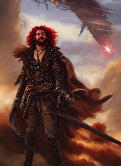 Image similar to an epic fantasy comic book style portrait painting of a long haired, red headed male sky - pirate in front of an airship in the style of eve ventrue