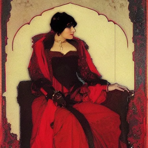 Image similar to a portrait of an older iranian woman, black and red elaborate clothing, by mucha, craig mullins, and gaston bussiere