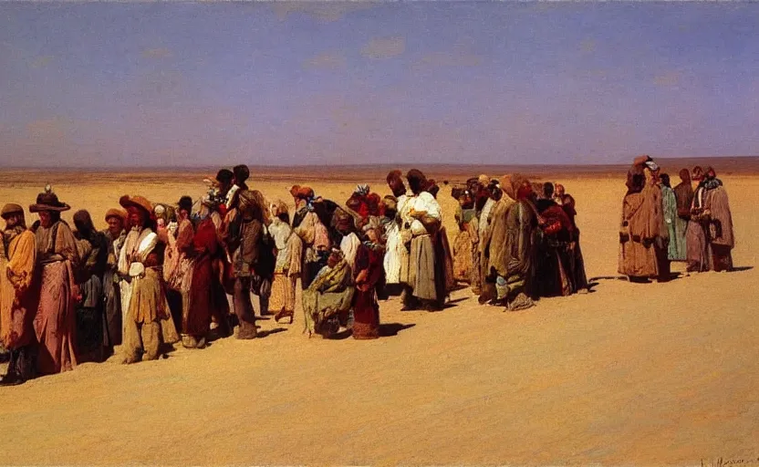 Image similar to high quality high detail painting by ilya repin, a long row of people in the desert, hd