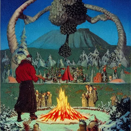 Prompt: illustrated portrait vogue designer Santa Claus Sacrificing the Elves to a Volcano God Altar made of pinecones and fire kenny scharf heinrich lefler giorgio de chirico marc simonetti norman rockwell postcard stamp