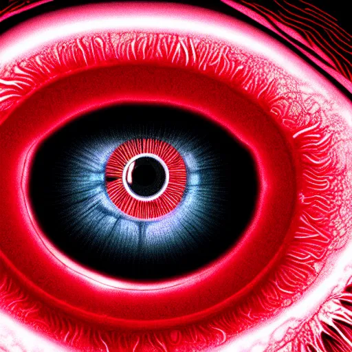 Image similar to a detailed extremely close up of inside the iris, cornea, red image, microscopic, extremely close up drawing by junji ito, cgsociety, generative art, lovecraftian, parallax, cosmic horror, extremely detailed, hyperrealism, unreal engine, octane render, award winning, masterpiece, highly detailed, realistic, 4 k, digital