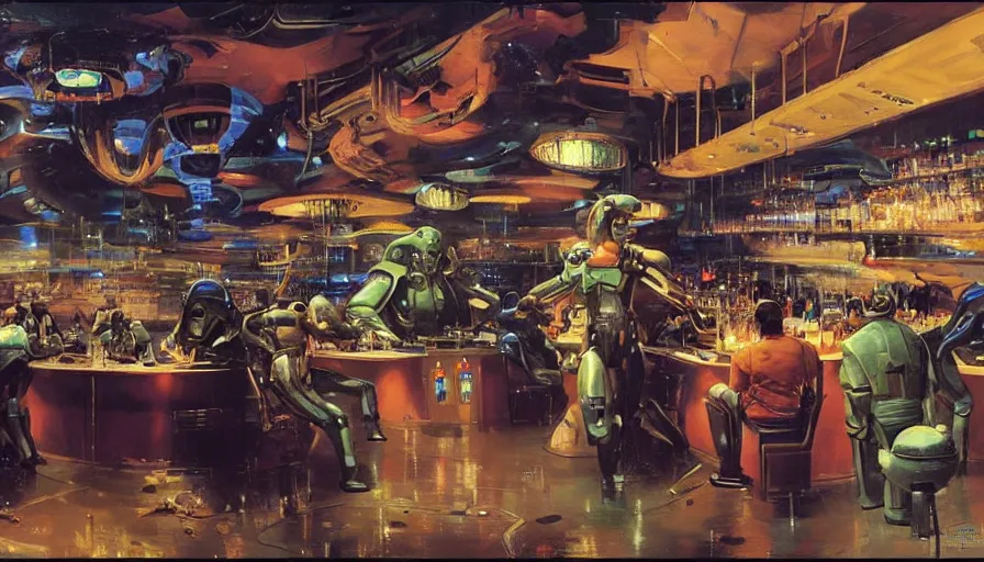 Image similar to Bounty hunters drinking in a futuristic bar surrounded by strange alien creatures, concept art by Ralph McQuarrie, by John Berkey, oil on canvas, highly detailed, science fiction