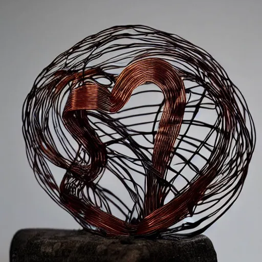 Image similar to a very beautiful tiny ( ( ( ( human heart ) ) ) )!!!!!!!!!!!!!!!!!!!!!!!!! organic sculpture made of copper wire and threaded pipes, very intricate, curved. studio lighting, high resolution, high quality, black background