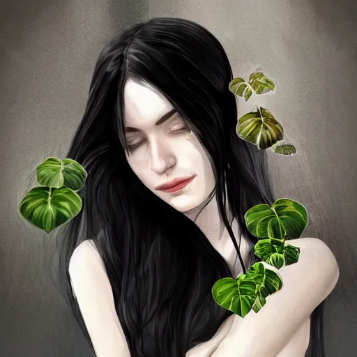 Prompt: pretty woman with pale skin, long black hair in a room full of beautiful plants, abstract, beautiful digital art trending on artstation