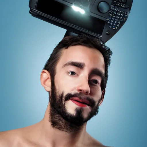 Image similar to man infused with TV on his head, detailed