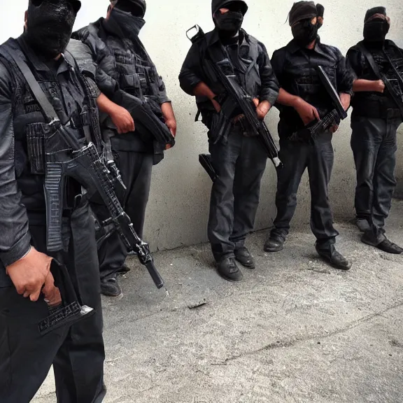 Prompt: the fearsome og shadow, mexican cartel leader, with his heavily armed men, award - winning photography