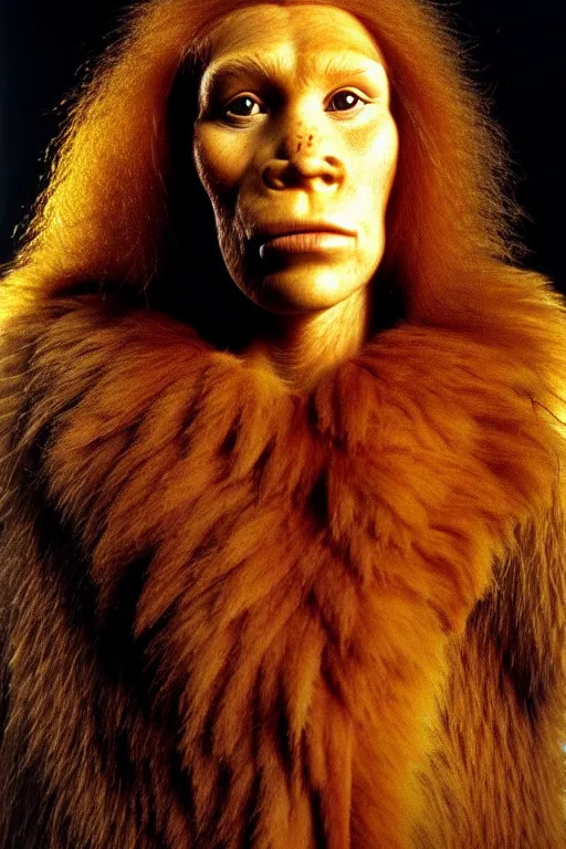 Image similar to a professional portrait photo of a neanderthal woman forest, dirty face, ginger hair and fur, extremely high fidelity, natural lighting, still from the movie quest for fire