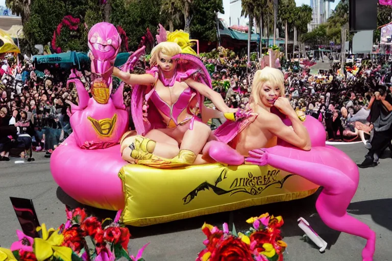 Image similar to Angelyne fights Scorpion from Mortal Kombat on a float at the Rose Parade, hyperdetailed, photorealistic,