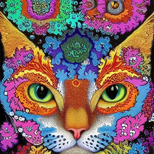 Prompt: louis wain fractal cats, mandelbrot cat, floral cat, cat made of flowers, vivid colors, detailed painting