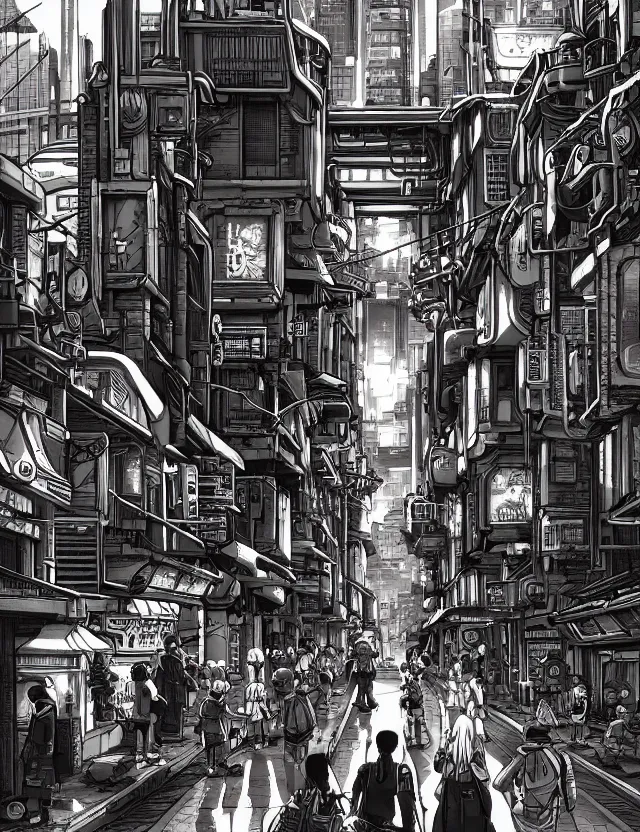 Prompt: a detailed manga illustration of a retro sci - fi city street on an alien world, trending on artstation, digital art, 4 k resolution, detailed, high quality, sharp focus, hq artwork, coherent, insane detail, character portrait