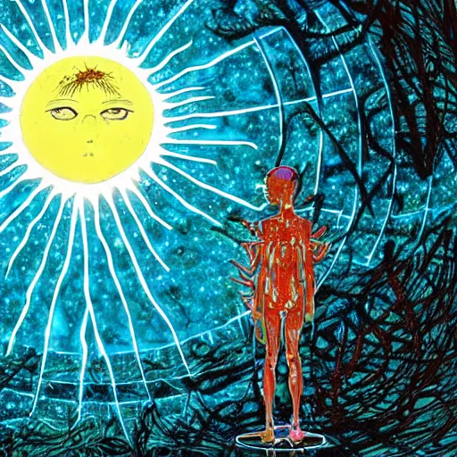 Image similar to shintaro kago yoji shinkawa and victo ngai cellular human body apophasis glorious energy of the sun