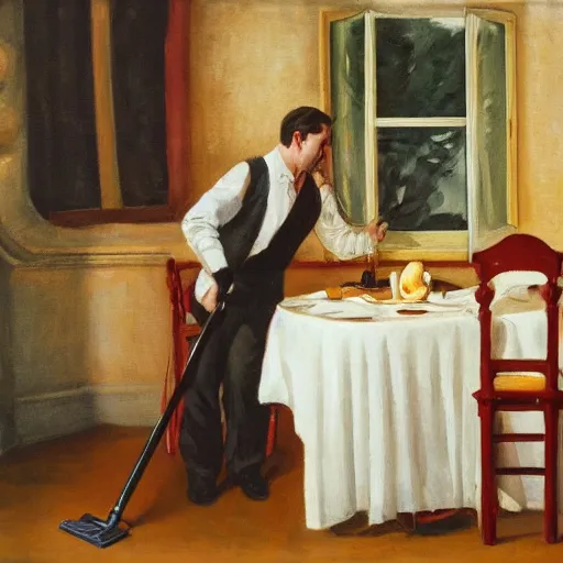 Prompt: a man on a romantic dinner date with a vaccum clearner painting french