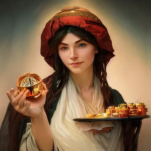 Image similar to a fortune teller holding a wrapped birthday gift with a confused look on their face, art by artgerm and greg rutkowski and alphonse mucha, concept art, octane render, unreal engine 5, highly detailed, high quality, 8 k, soft lighting, realistic face, path traced