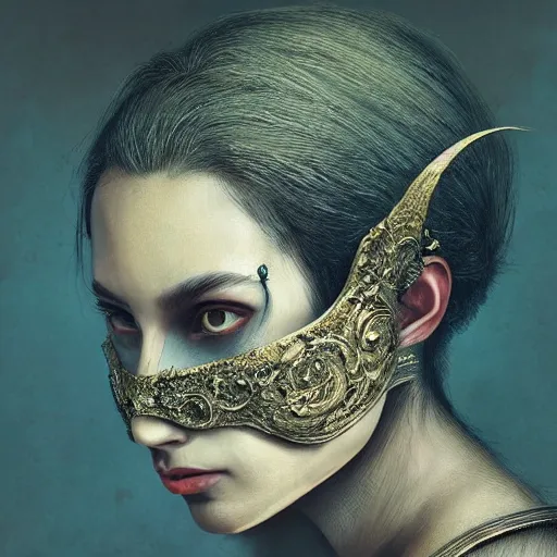 Image similar to Very very very very highly detailed epic central composition studio photography of face with venetian mask, intricate, dystopian, sci-fi, extremely detailed, digital painting, artstation, concept art, smooth, sharp focus, illustration, intimidating lighting, incredible art by Anna Dittmann