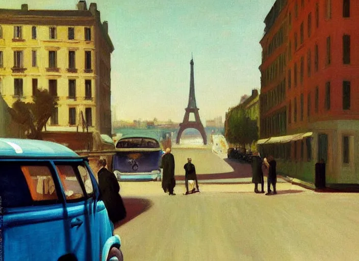 Image similar to painting, two young men and women near blue vw bus, view of paris street, by edward hopper, bernardo bertolucci dreamers movie scene