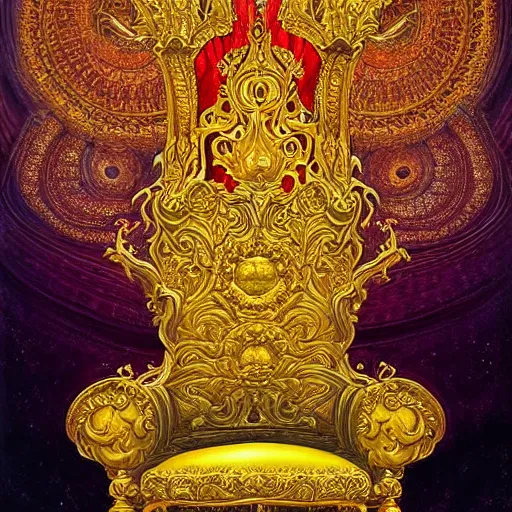 Image similar to The most epic beautiful detailed golden throne to give us hope that life is worth living in a red accented royal hall does exist in the style of esao andrews, benoit mandelbrot