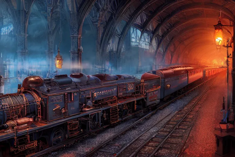 Image similar to some wizard waiting in hogwart train station in quiet dark city, hyper detailed, orange red blue tones dramatic lighting, cgsociety, realistic, hyper detailed, insane details, intricate, dramatic lighting, hypermaximalist, golden ratio, rule of thirds, octane render, weta digital, micro details, ultra wide angle, artstation trending, 8 k,