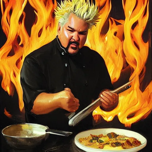 Image similar to painting of guy fieri cooking over hot flames by sargent and leyendecker