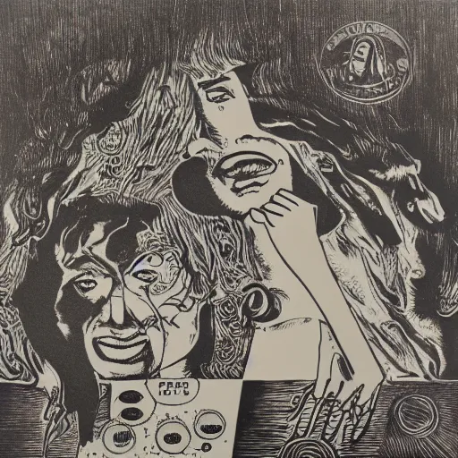 Prompt: etching perplexed | album artwork, used lp ( 1 9 7 1 )