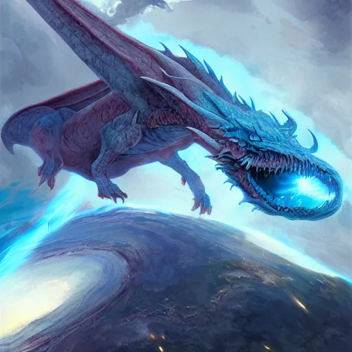 Image similar to Gigantic blue scaled dragon devouring an earth like planet while flying in space, sun system, behemoth, humanoid, nebula, oil painting, by Fernanda Suarez and Edgar Maxence and Greg Rutkowski