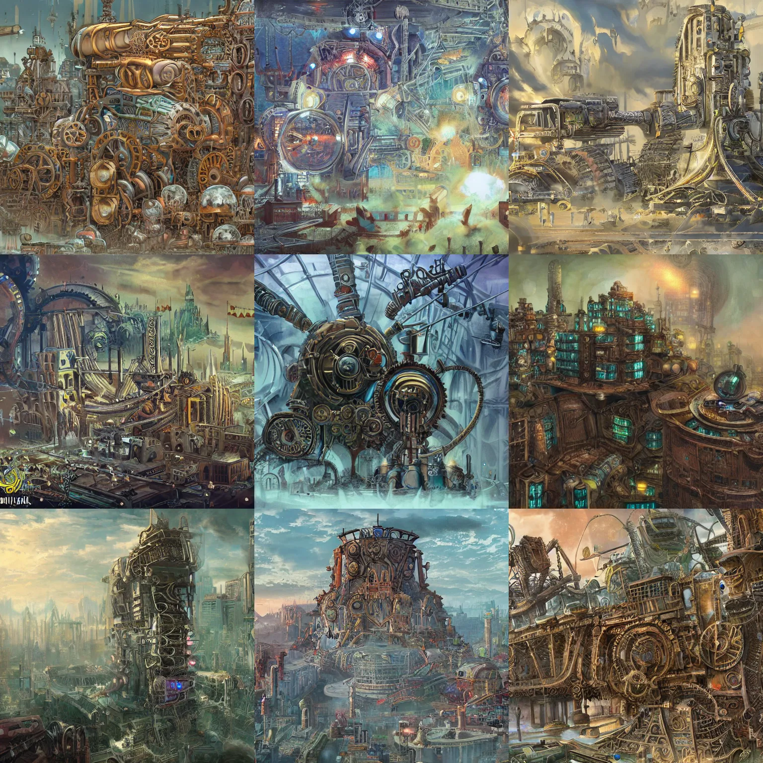 Prompt: enormous city-sized complicated steampunk machinery, psychedelic art, lovecraftian, epic, 4k, concept art, detailed