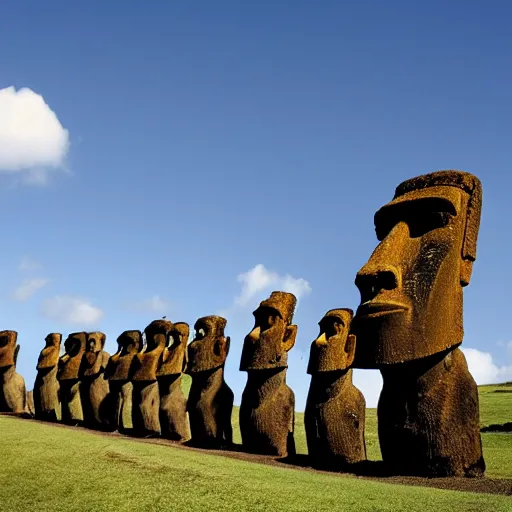 Prompt: easter island but the statues all look like rodney dangerfield, outdoor photography, landscape, detailed,