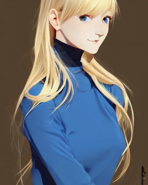 Image similar to infinitely detailed full - body portrait pale female beautiful blonde haired woman with sparkling blue eyes. wearing blue dress, beautiful! scenery art! by wlop & murata range, by ilya kuvshinov. artstation!! / pixiv!!