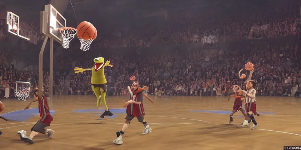 Prompt: muppets playing basketball, ultra realistic, ultra detail, atmospheric, volumetric lighting