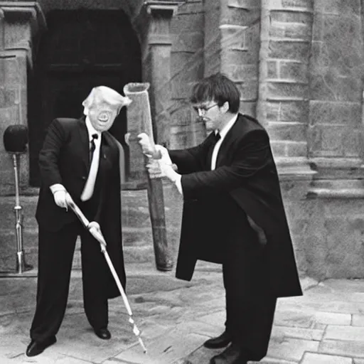 Prompt: harry potter using his magic wand to remove donald trump's suit, realistic photo.