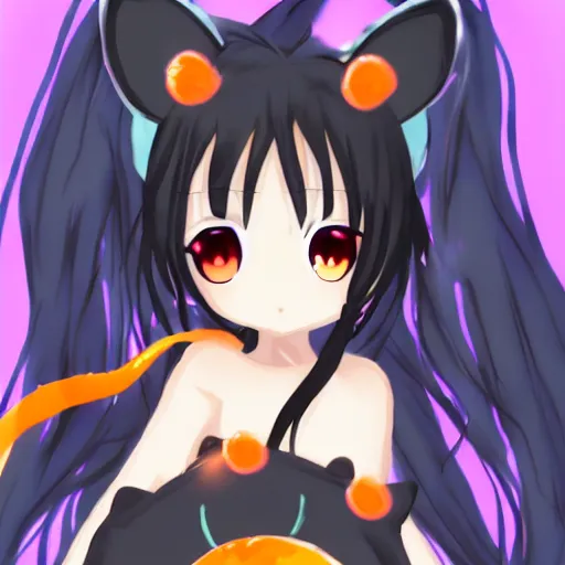 Image similar to cute anime girl with dark skin, black hair, wolf ears and glowing orange eyes