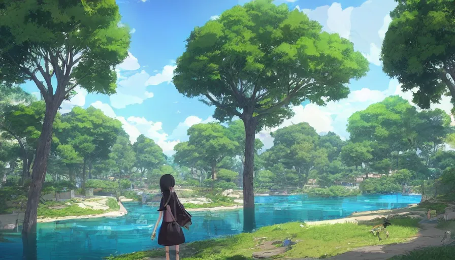 Image similar to bonifacio global city with a blue lake, beautiful ancient trees, hiding large treasure chest, serene evening atmosphere, soft lens, soft light, cel - shading, animation, in the style of cgsociety, deviantart, artstation, zbrush, cinema 4 d, studio ghibli, akihiko yoshida, atelier lulua, masamune shirow