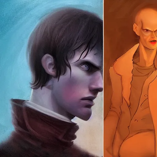 Image similar to A boy who was turned into a freak and became a villain, Graceful body structure,cute,Symmetrical face,highly detailed,elegant,Marc Simonetti and Caspar David Friedrich, Trending on artstation,depicted as leaaked art for a TV show