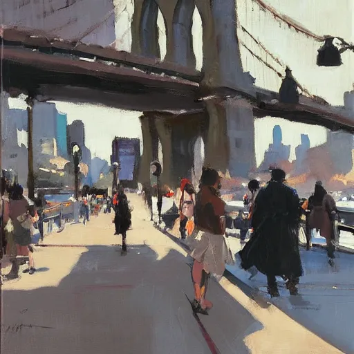 Prompt: a busy street corner under the brooklyn bridge by greg manchess, studio ghibli