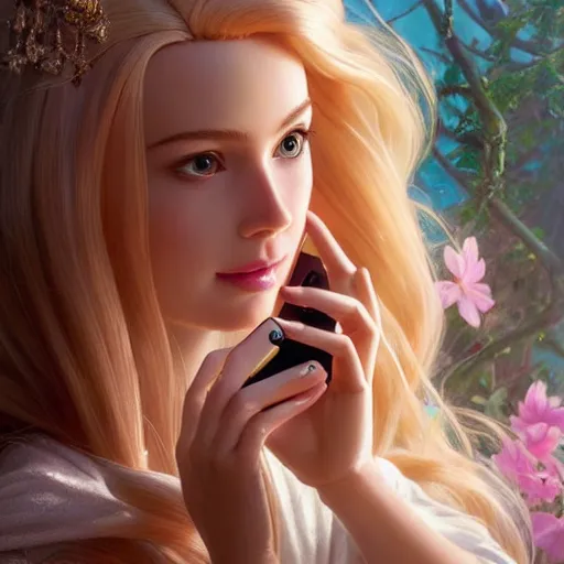 Image similar to a beautiful portrait of barbie looking at her cell phone ; ultra realistic, concept art, intricate details, stunning model, highly detailed, photorealistic, octane render, 8 k, unreal engine. art by artgerm and greg rutkowski and charlie bowater and magali villeneuve and alphonse mucha