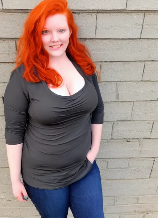 Image similar to professional full body photo of a young happy plus-size redhead woman